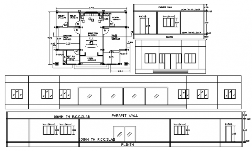 2d drawings details of office building units elevation and plan dwg